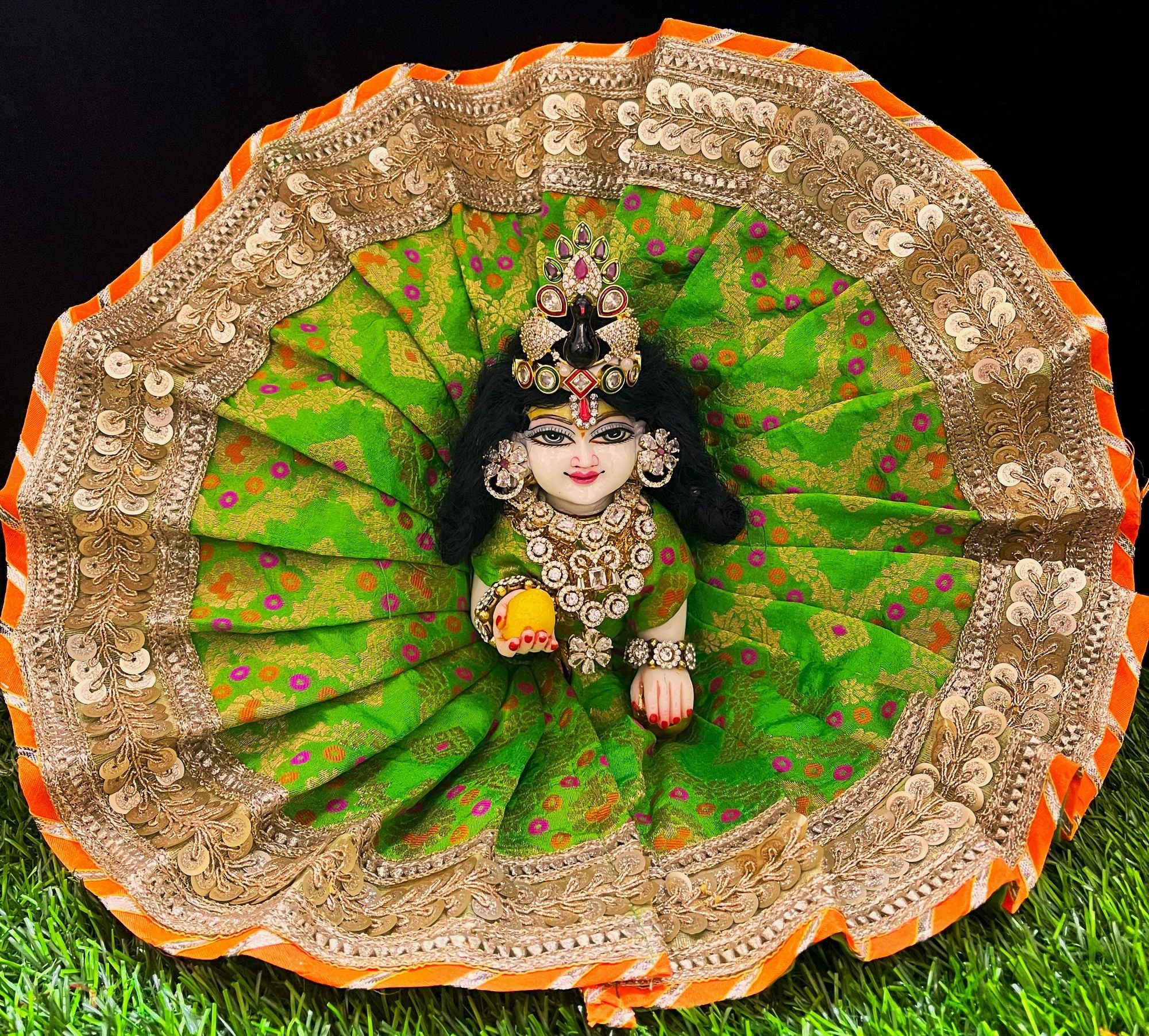 Laddu Gopal Dress made of Multicoloured Chanderi Silk (Not Pure Silk) - Parrot Green dress with Gold and Orange Sequence work zari border 1