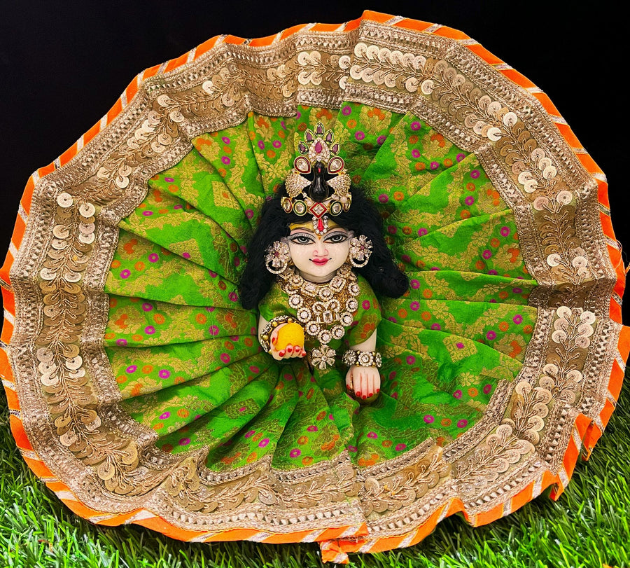 Laddu Gopal Dress made of Multicoloured Chanderi Silk (Not Pure Silk) - Parrot Green dress with Gold and Orange Sequence work zari border