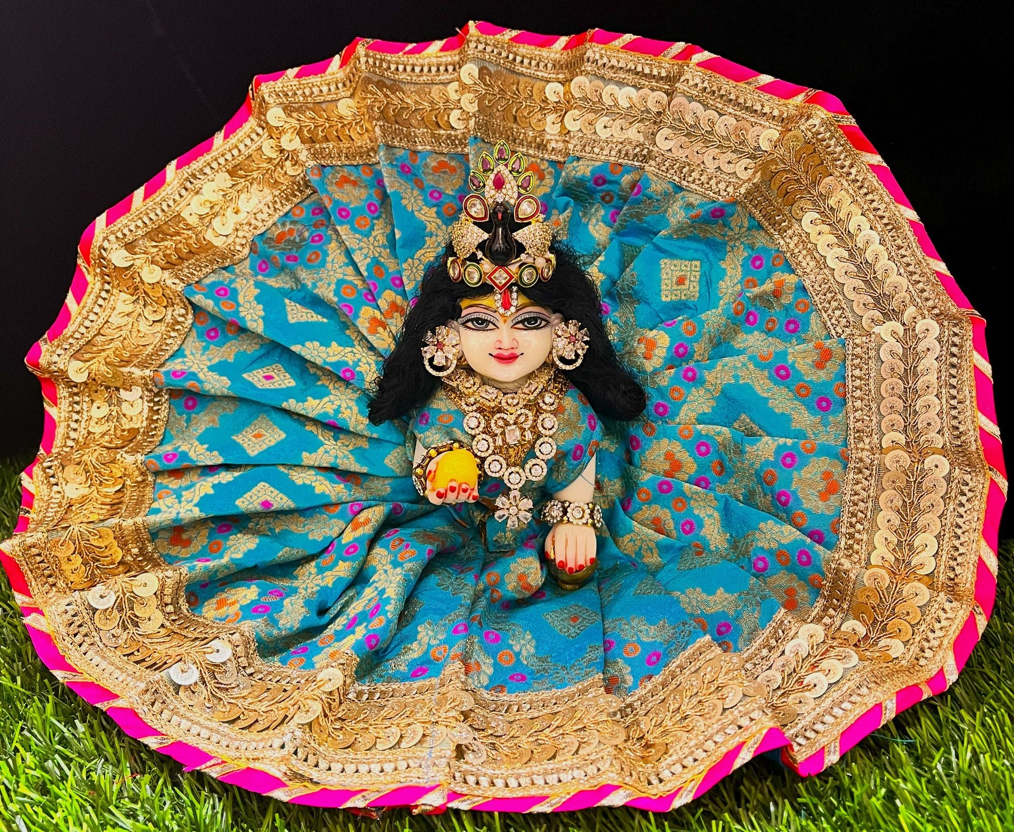 Laddu Gopal Dress made of Multicoloured Chanderi Silk (Not Pure Silk) - Sky Blue,dress with Gold and  Pink Sequence work zari border 1