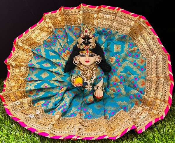 Laddu Gopal Dress made of Multicoloured Chanderi Silk (Not Pure Silk) - Sky Blue,dress with Gold and  Pink Sequence work zari border