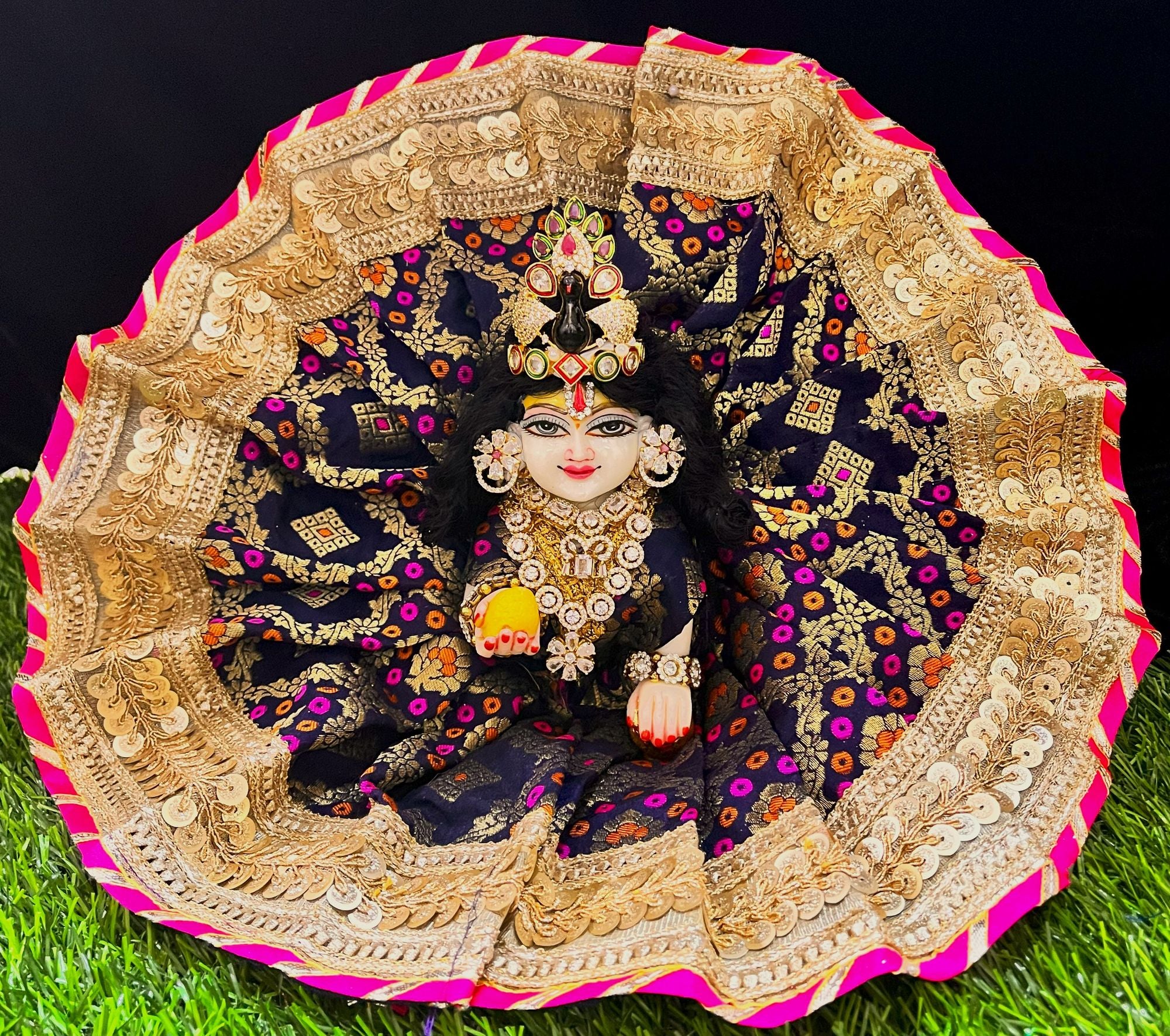 Laddu Gopal Dress made of Multicoloured Chanderi Silk (Not Pure Silk) - Navy blue dress with Gold and Pink Sequence work zari border 1