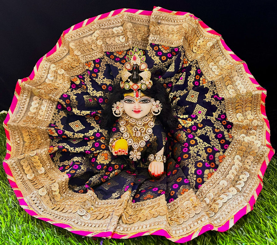 Laddu Gopal Dress made of Multicoloured Chanderi Silk (Not Pure Silk) - Navy blue dress with Gold and Pink Sequence work zari border