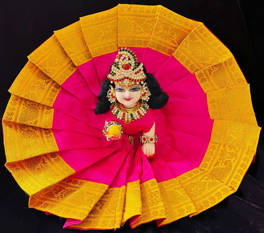 Laddu Gopal Dress made of Plain Silk (Not Pure Silk) - Pink dress with Yellow zari border