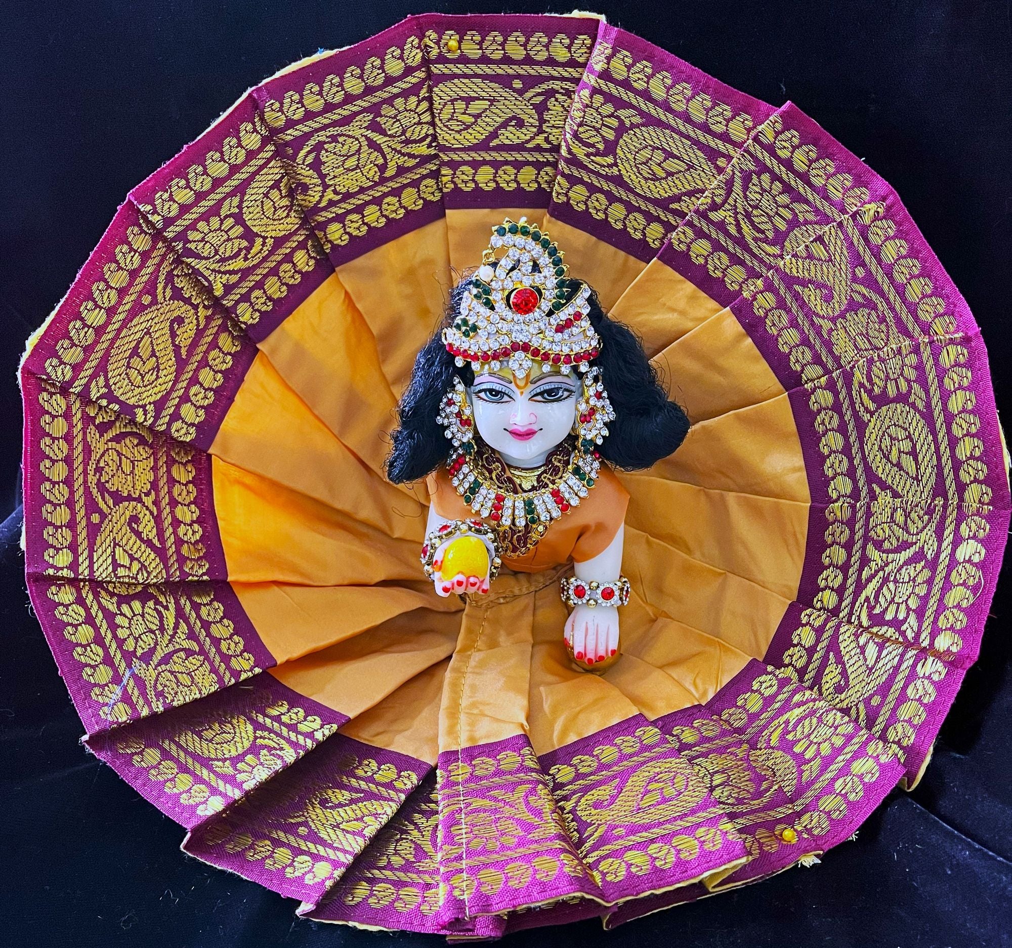 Laddu Gopal Dress made of Plain Silk (Not Pure Silk) - Mustard dress with  Maroon zari border 1