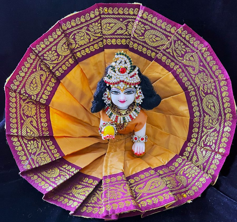 Laddu Gopal Dress made of Plain Silk (Not Pure Silk) - Mustard dress with  Maroon zari border