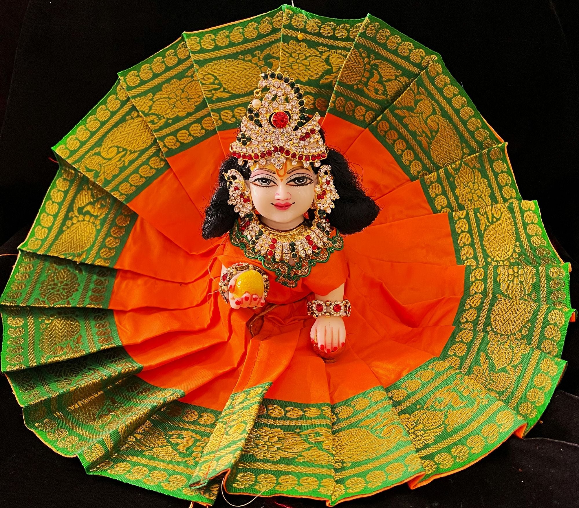 Laddu Gopal Dress made of Plain Silk (Not Pure Silk) - Orange dress with Green zari border 1