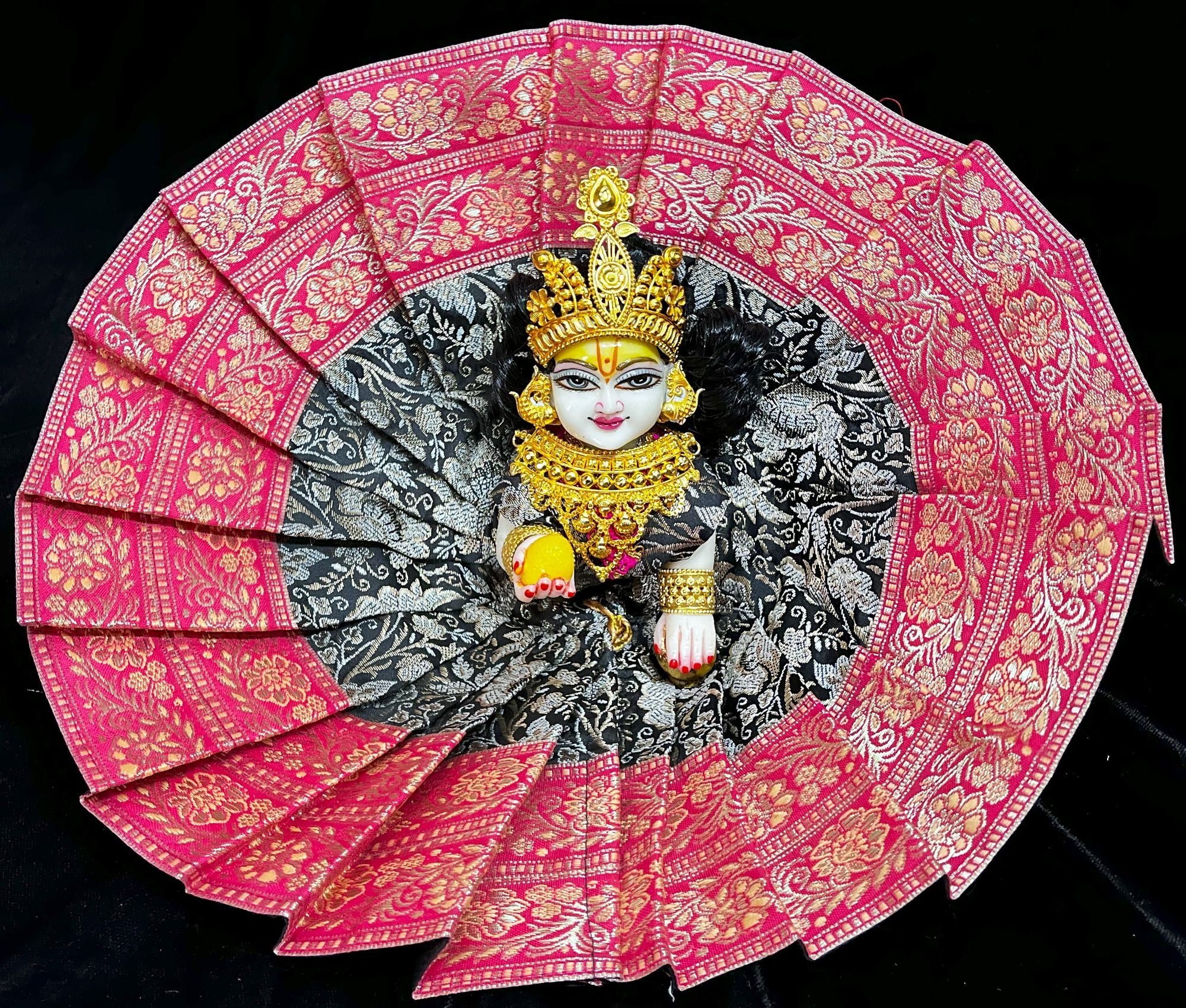 Laddu Gopal Dress made of Brocade Silk Fabric (Pure Silk) - Black dress with Pink zari border 1