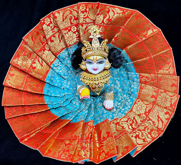 Laddu Gopal Dress made of Brocade Silk Fabric (Pure Silk) - Turquoise blue with Orange zari border