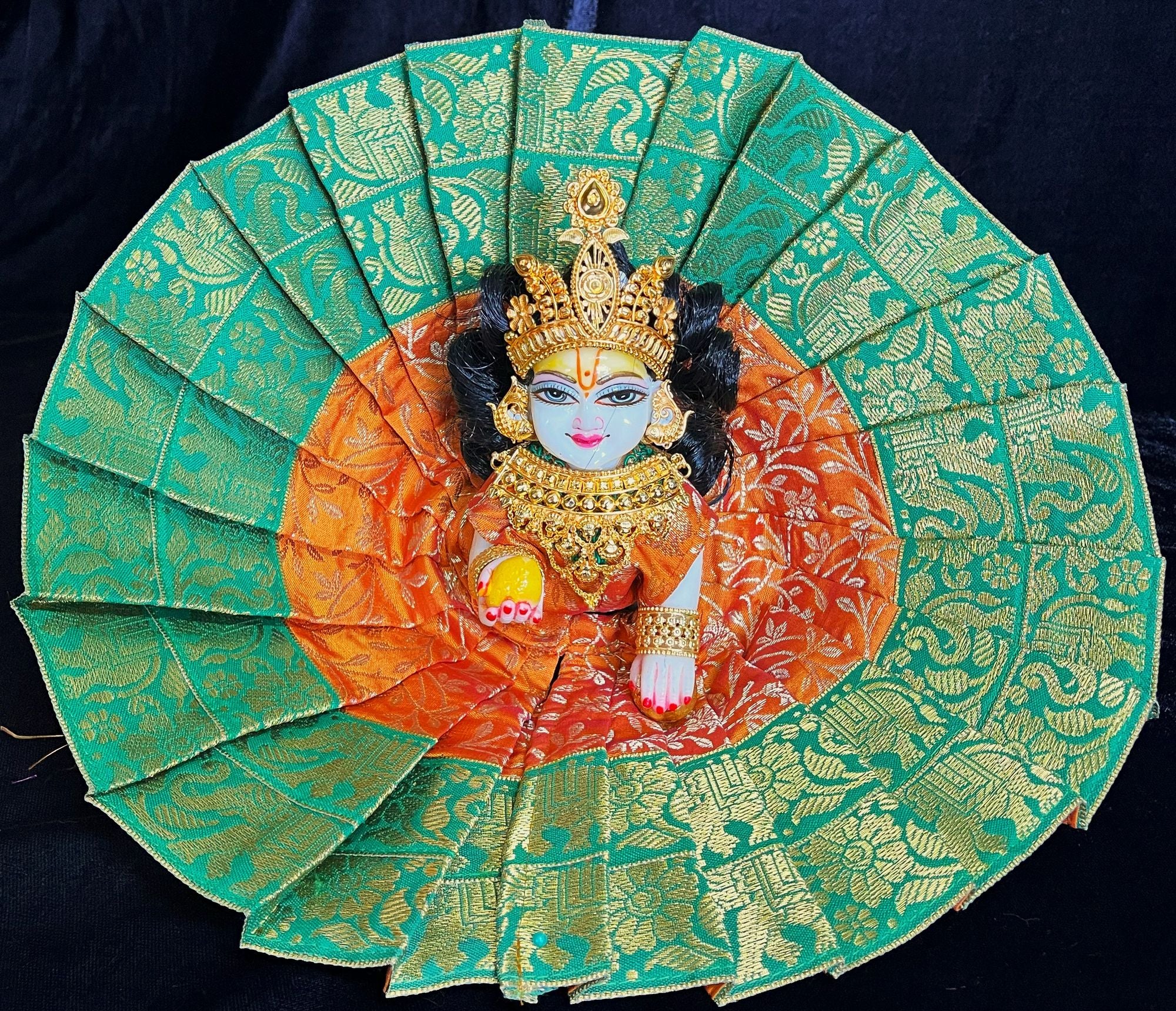 Laddu Gopal Dress made of Brocade Silk Fabric (Pure Silk) - Orange dress with Green zari border 1