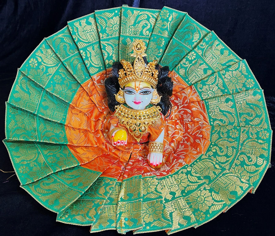 Laddu Gopal Dress made of Brocade Silk Fabric (Pure Silk) - Orange dress with Green zari border