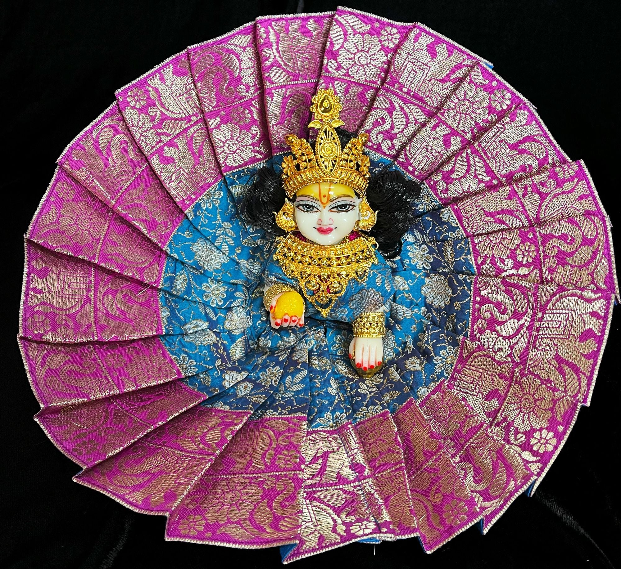Laddu Gopal Dress made of Brocade Silk Fabric (Pure Silk) - Blue dress with Rani pink zari border 1