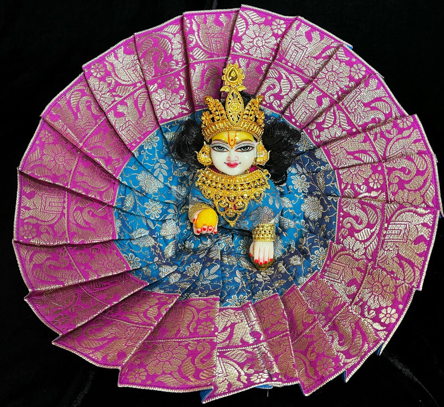 Laddu Gopal Dress made of Brocade Silk Fabric (Pure Silk) - Blue dress with Rani pink zari border