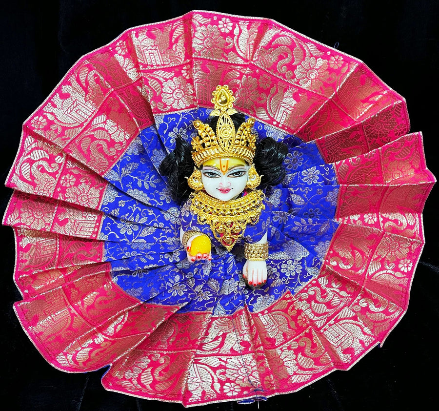 Laddu Gopal Dress made of Brocade Silk Fabric (Pure Silk) - Blue dress with pink zari border