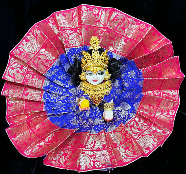 Laddu Gopal Dress made of Brocade Silk Fabric (Pure Silk) - Blue dress with pink zari border