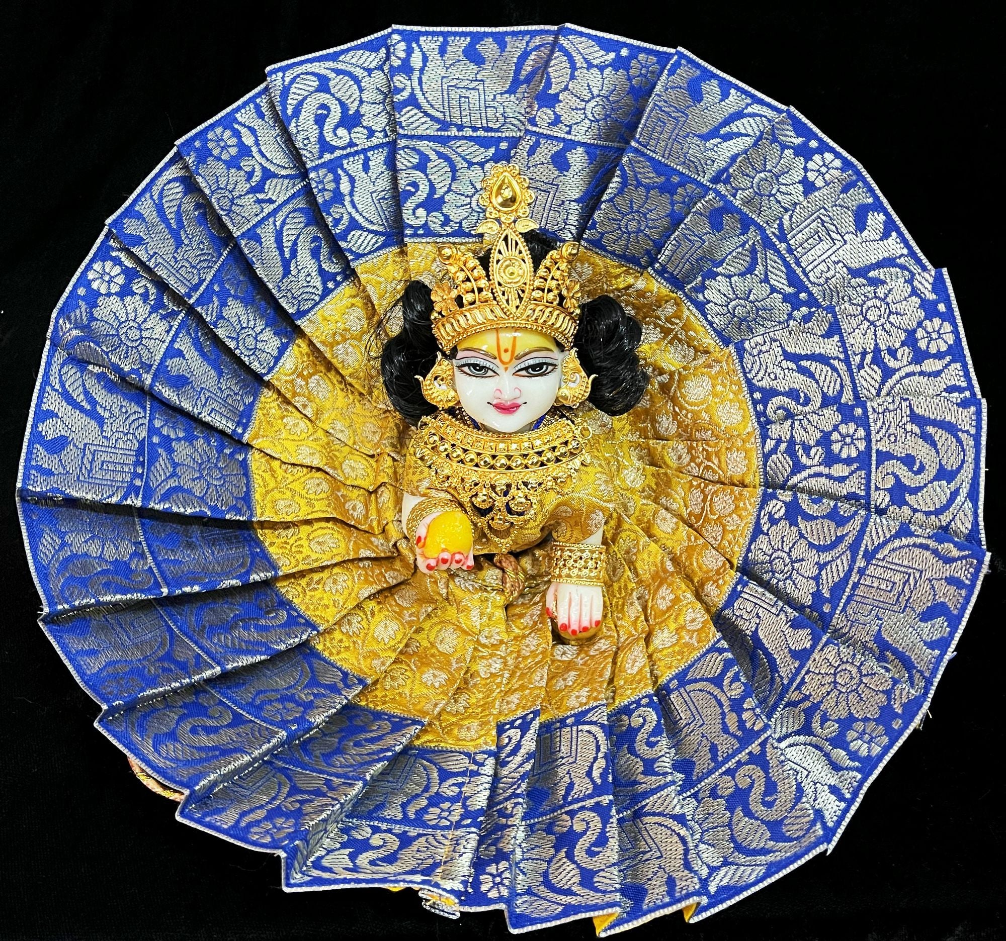 Laddu Gopal Dress made of Brocade Silk Fabric (Pure Silk) - Yellow dress with Royal blue zari border 1