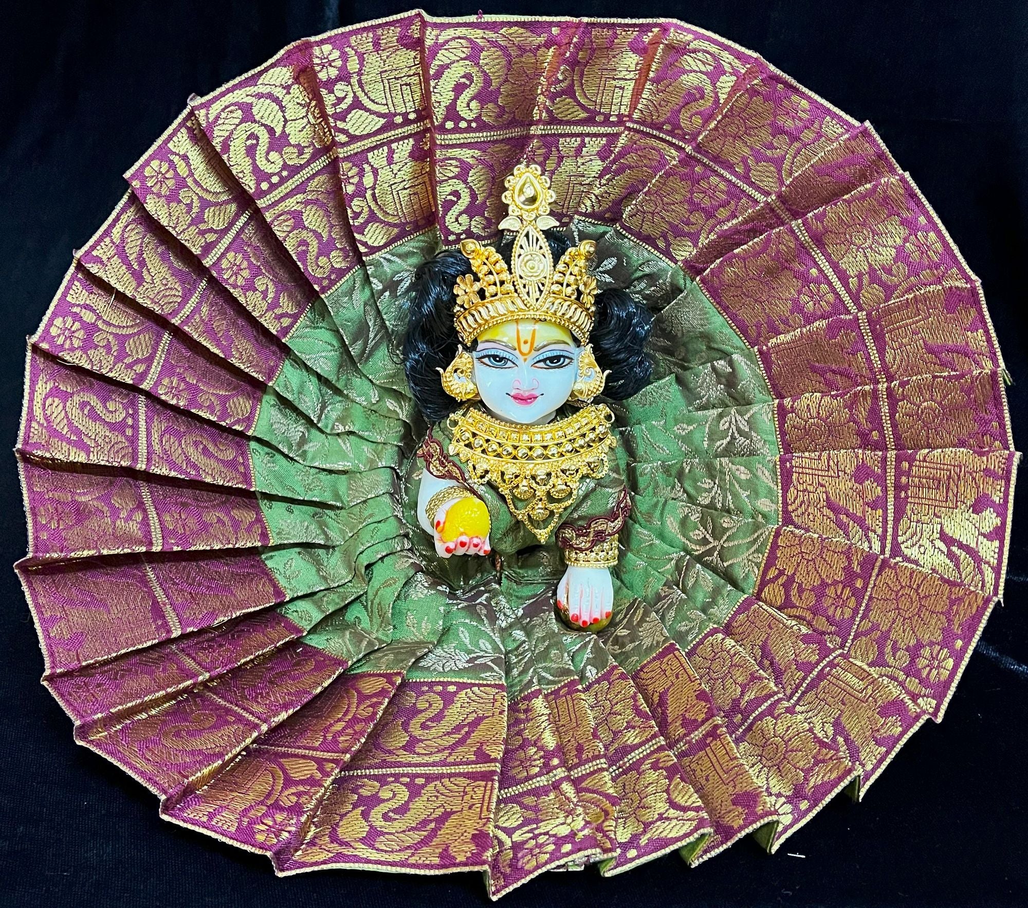 Laddu Gopal Dress made of Brocade Silk Fabric (Pure Silk) - Sap Green dress with Maroon zari border 1