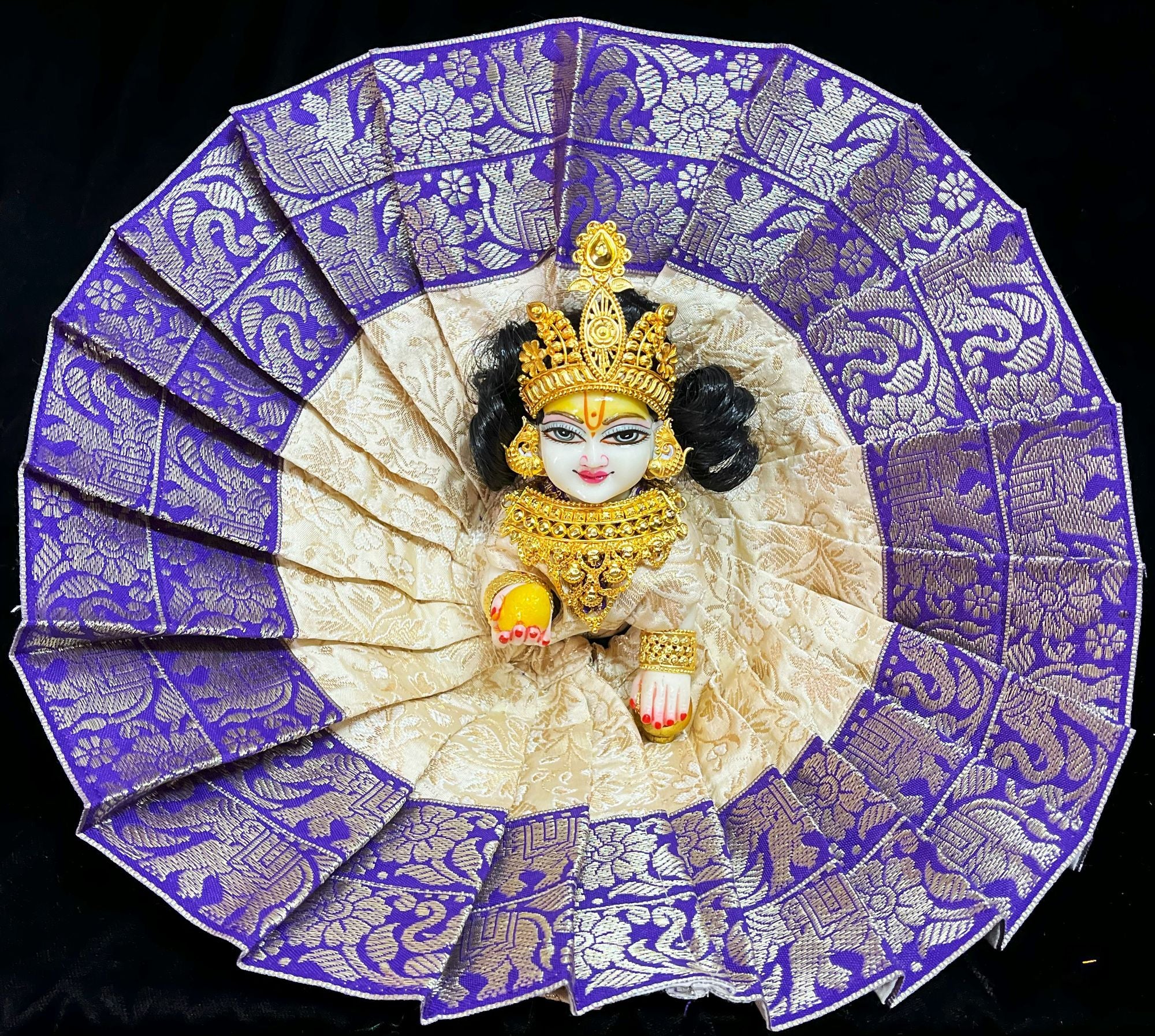 Laddu Gopal Dress made of Brocade Silk Fabric (Pure Silk) - Off White dress Purple with  zari border 1