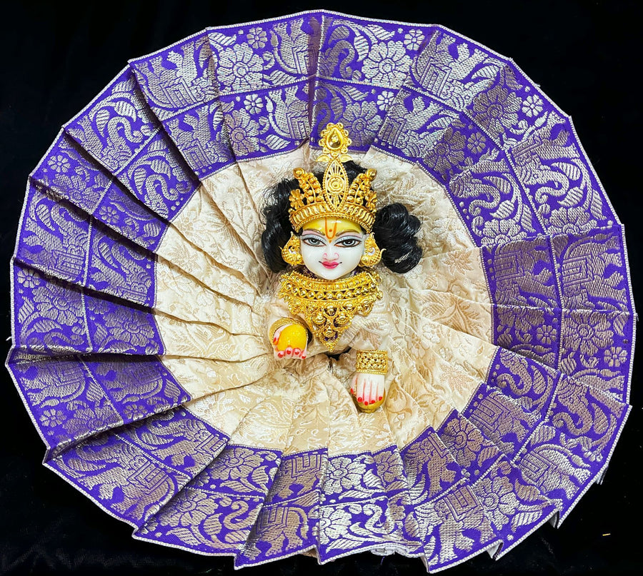 Laddu Gopal Dress made of Brocade Silk Fabric (Pure Silk) - Off White dress Purple with  zari border