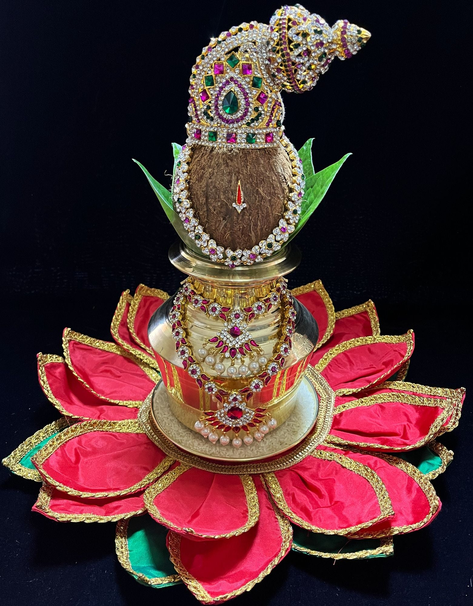 Lotus Asan made of Plain Silk (Not Pure Silk) - Red petals and Green leaves with Gold border 1