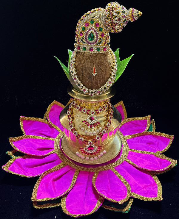 Lotus Asan made of Plain Silk (Not Pure Silk) - Pink petals and Green leaves with Gold border