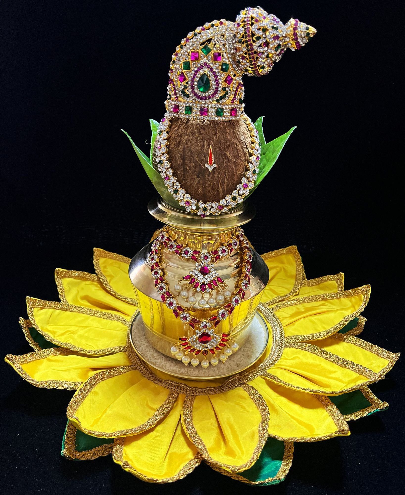 Lotus Asan made of Plain Silk (Not Pure Silk) - Yellow petals and Green leaves with Gold border 1