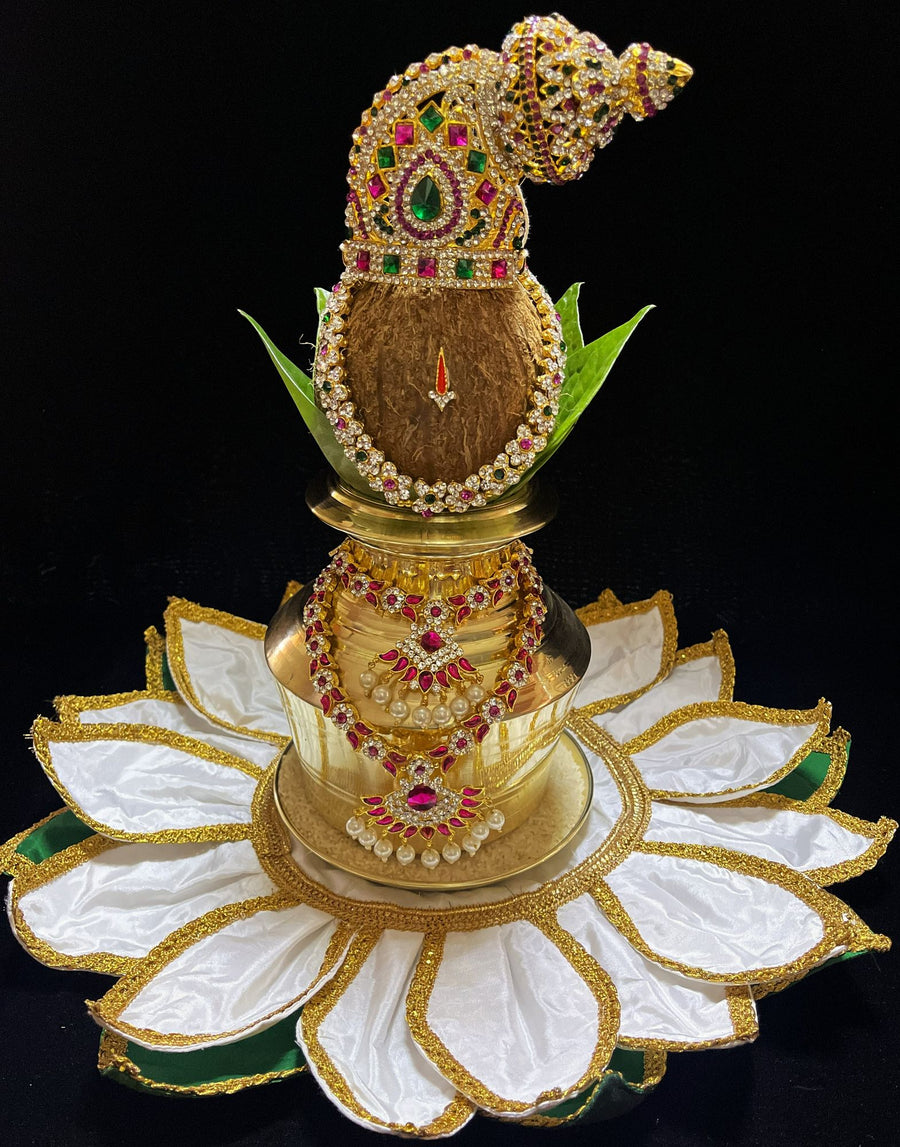 Lotus Asan made of Plain Silk (Not Pure Silk) - Off White petals and Green leaves with Gold border