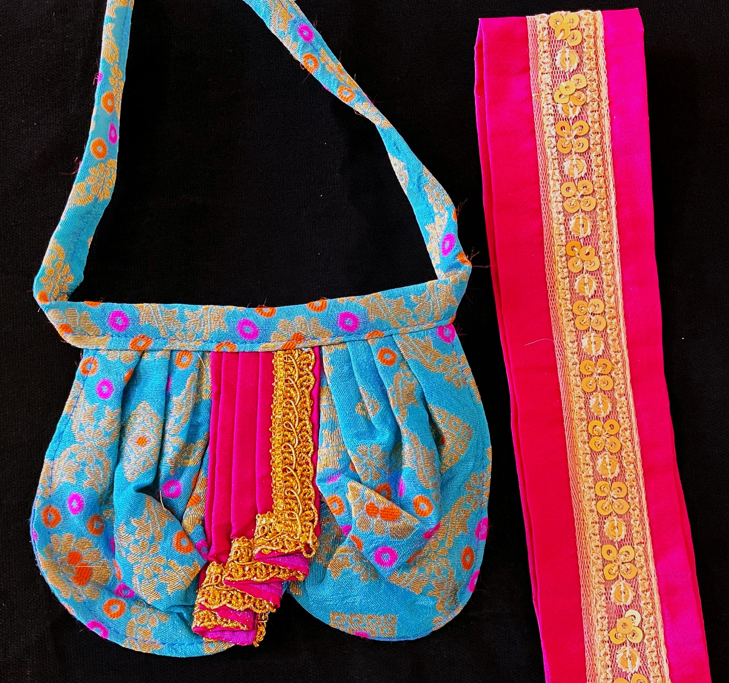 Deity dhoti and patka shalya / Uparna vastra made of Multicoloured Chanderi Silk fabric (Not Pure Silk) - Sky blue Dhoti with pink contrast and pink plain silk Shallya 2