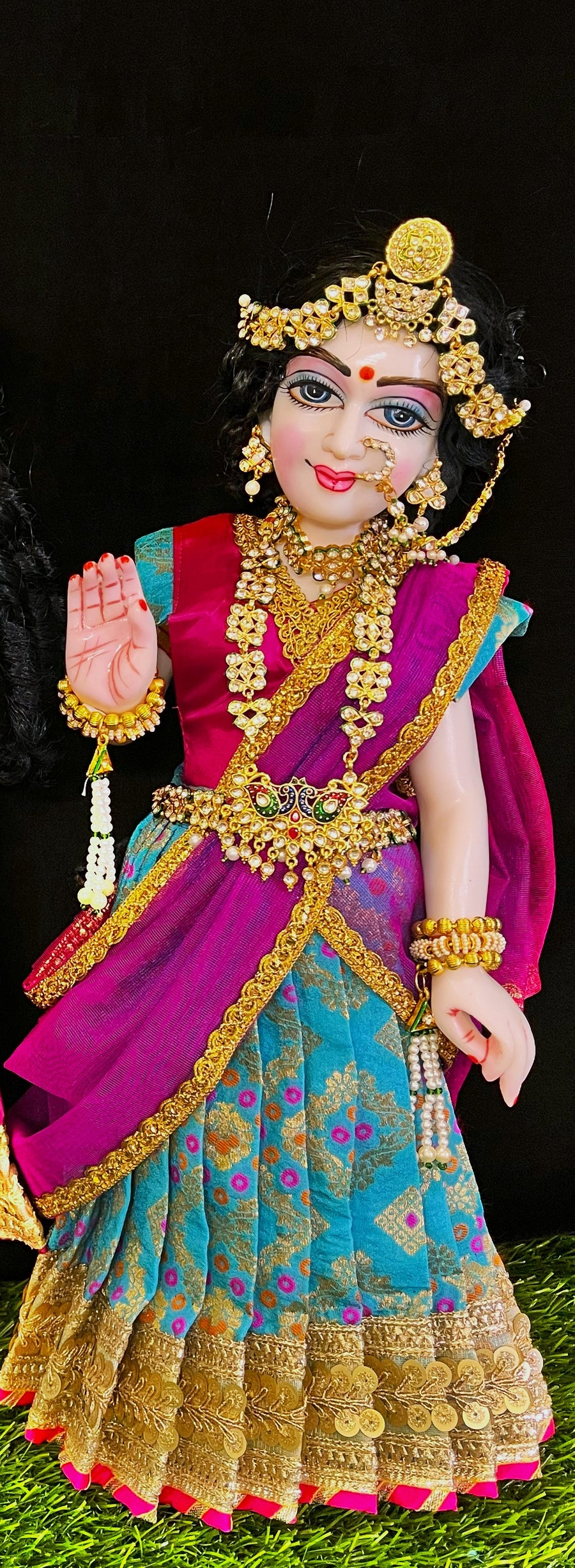 Deity half saree / lehenga patka made of Multicoloured Chanderi Silk fabric (Not Pure Silk) - Sky blue Lehenga with pink contrast and pink tissue silk dupatta