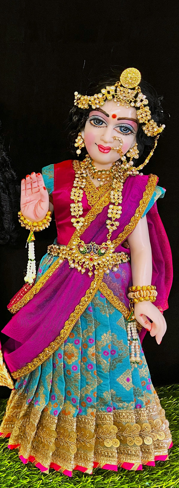 Deity half saree / lehenga patka made of Multicoloured Chanderi Silk fabric (Not Pure Silk) - Sky blue Lehenga with pink contrast and pink tissue silk dupatta