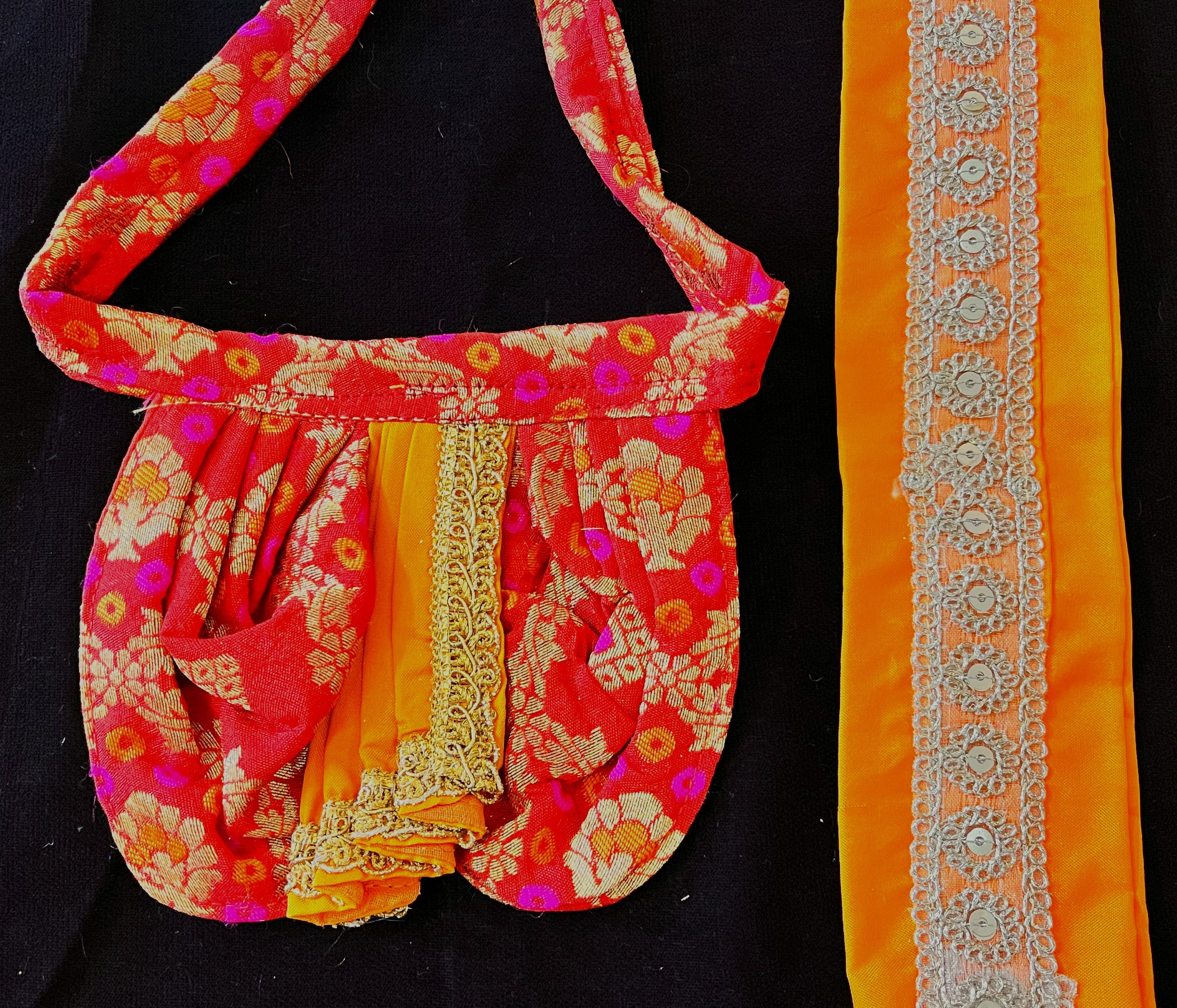 Deity dhoti and patka shalya / Uparna vastra made of Multicoloured Chanderi Silk fabric (Not Pure Silk) - Red Dhoti with orange contrast and orange plain silk Shallya 2
