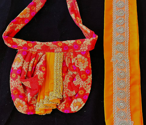 Deity dhoti and patka shalya / Uparna vastra made of Multicoloured Chanderi Silk fabric (Not Pure Silk) - Red Dhoti with orange contrast and orange plain silk Shallya