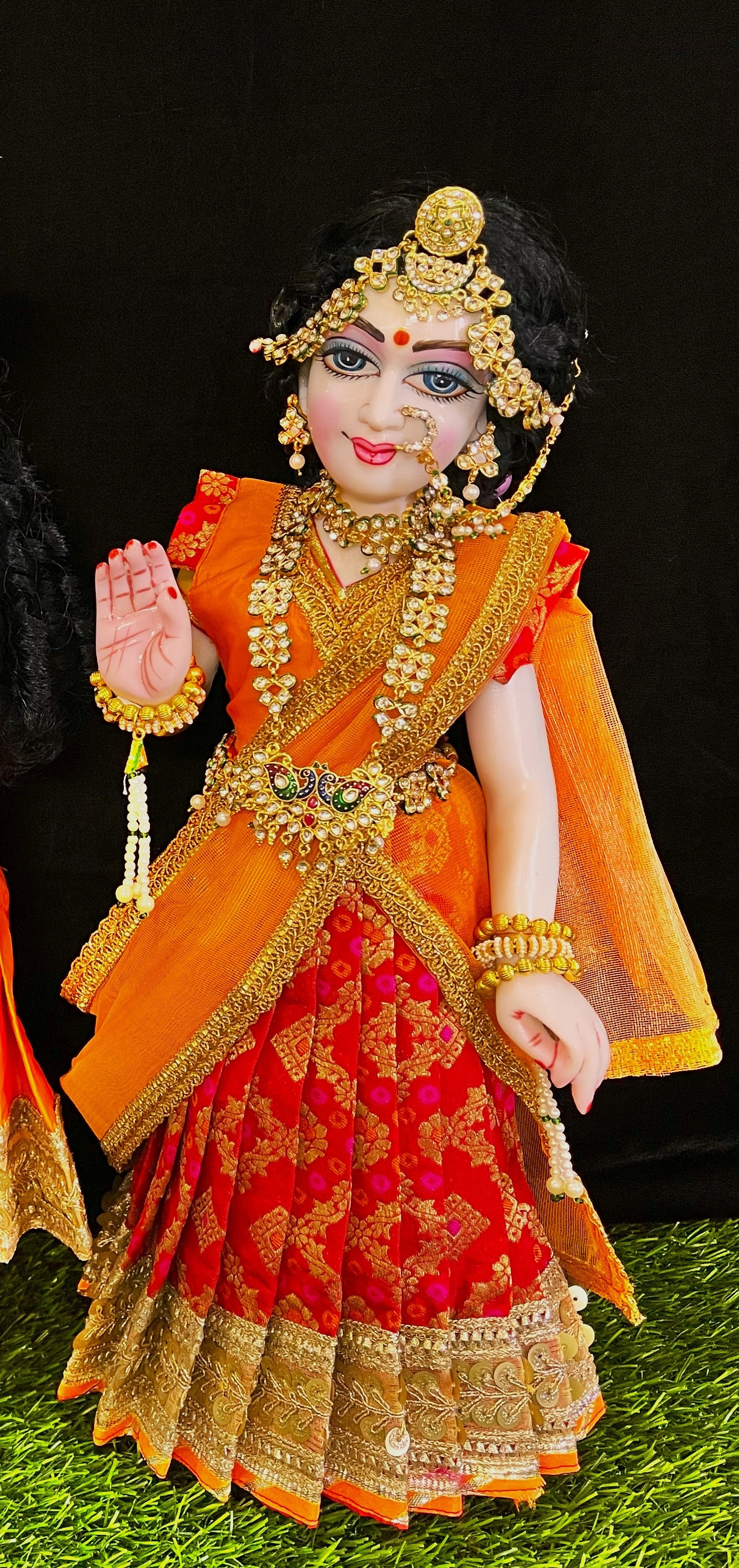 Deity half saree / lehenga patka made of Multicoloured Chanderi Silk fabric (Not Pure Silk) - Red Lehenga with orange contrast and orange tissue silk dupatta 1