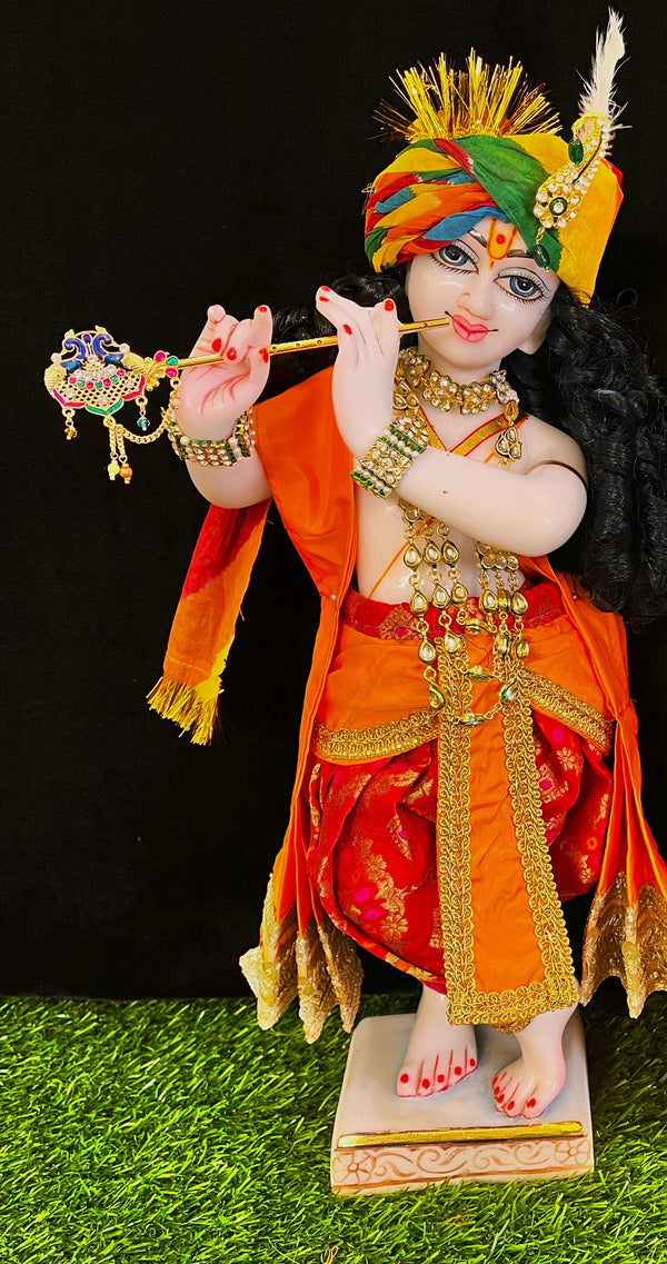 Deity dhoti and patka shalya / Uparna vastra made of Multicoloured Chanderi Silk fabric (Not Pure Silk) - Red Dhoti with orange contrast and orange plain silk Shallya
