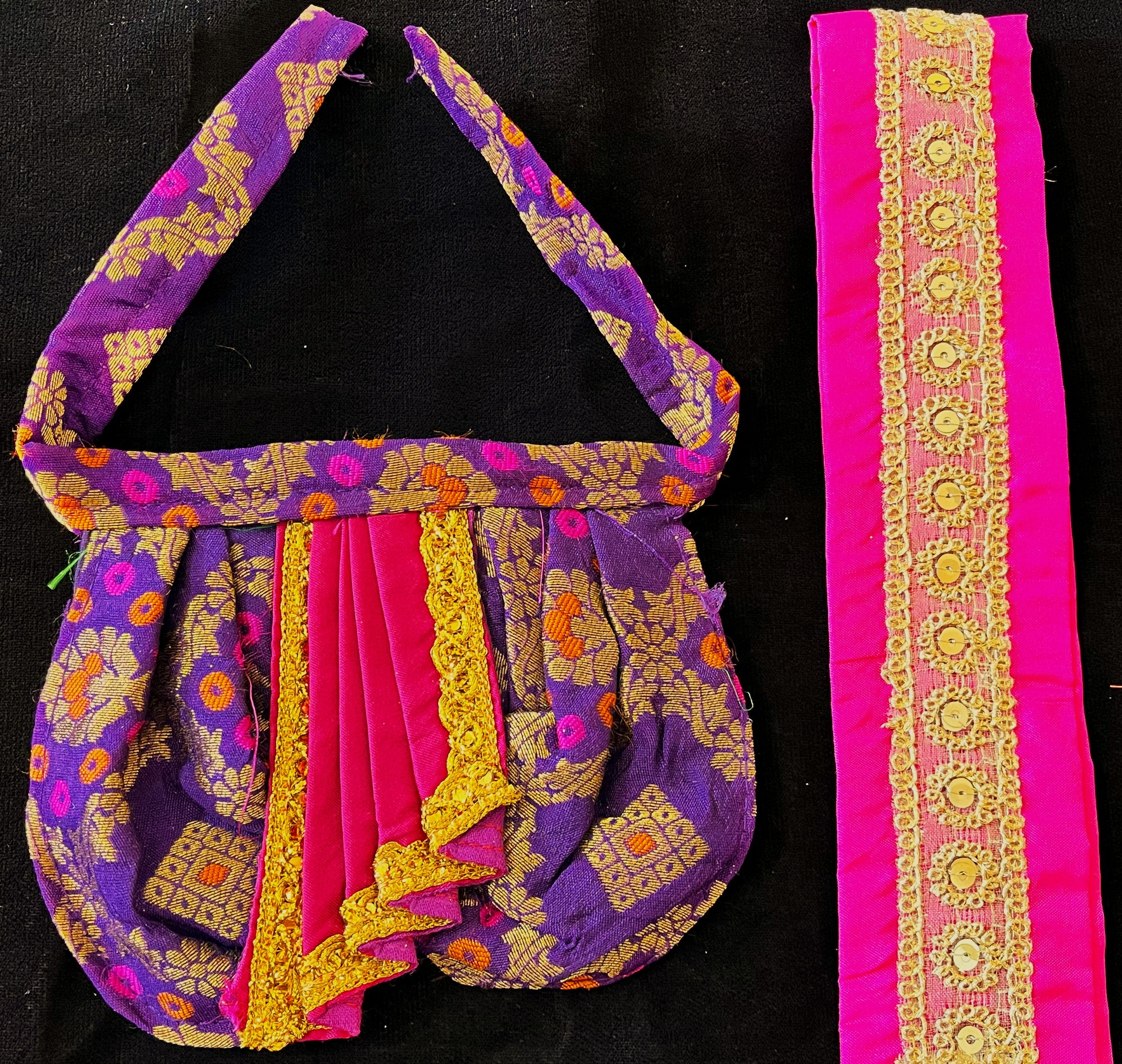Deity dhoti and patka shalya / Uparna vastra made of Multicoloured Chanderi Silk fabric (Not Pure Silk) - Purple Dhoti with pink contrast and pink plain silk Shallya 2