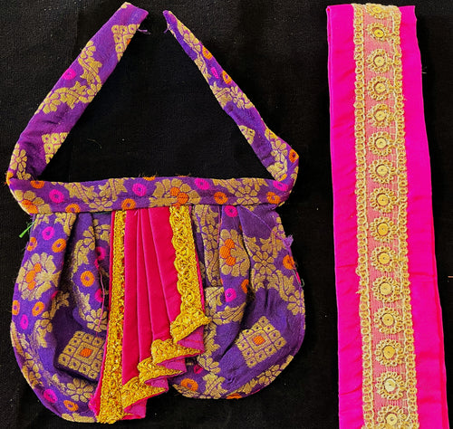 Deity dhoti and patka shalya / Uparna vastra made of Multicoloured Chanderi Silk fabric (Not Pure Silk) - Purple Dhoti with pink contrast and pink plain silk Shallya