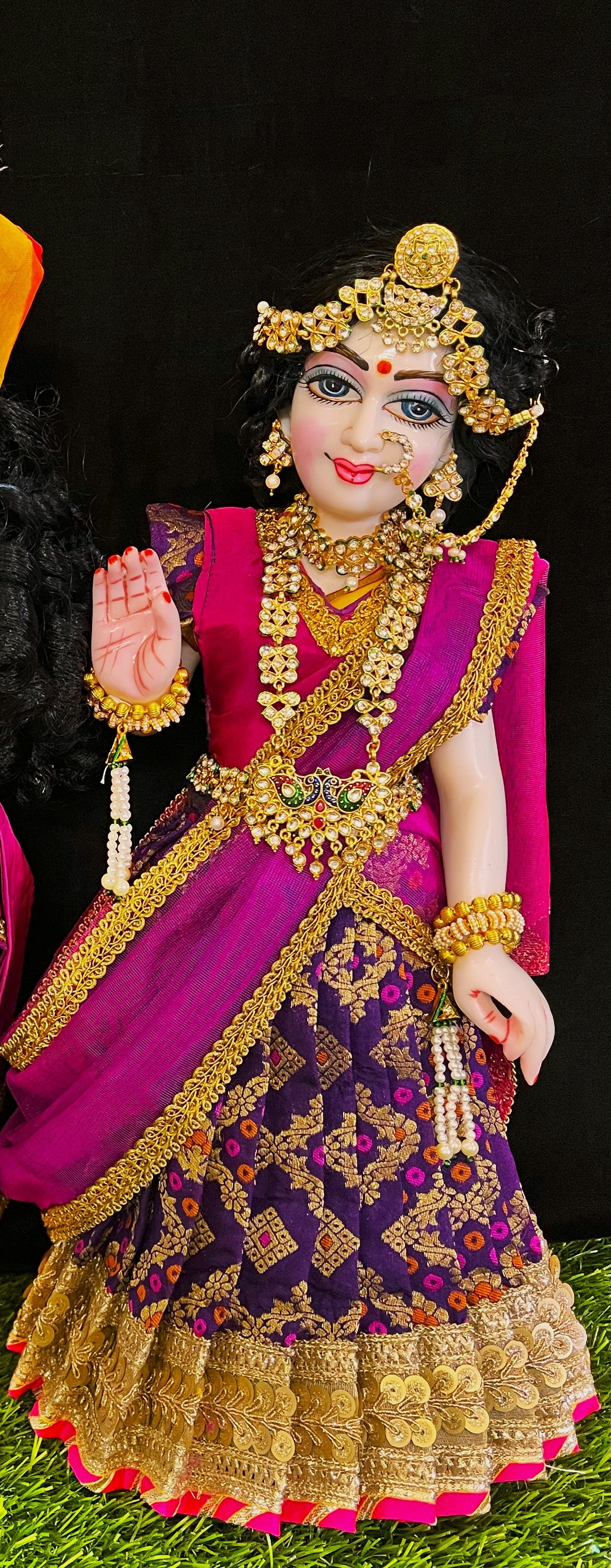 Deity half saree / lehenga patka made of Multicoloured Chanderi Silk fabric (Not Pure Silk) - Purple Lehenga with pink contrast and pink tissue silk dupatta 1