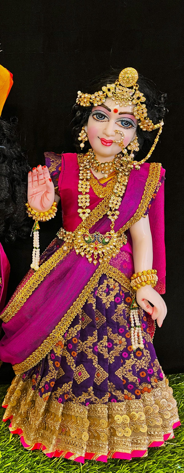 Deity half saree / lehenga patka made of Multicoloured Chanderi Silk fabric (Not Pure Silk) - Purple Lehenga with pink contrast and pink tissue silk dupatta