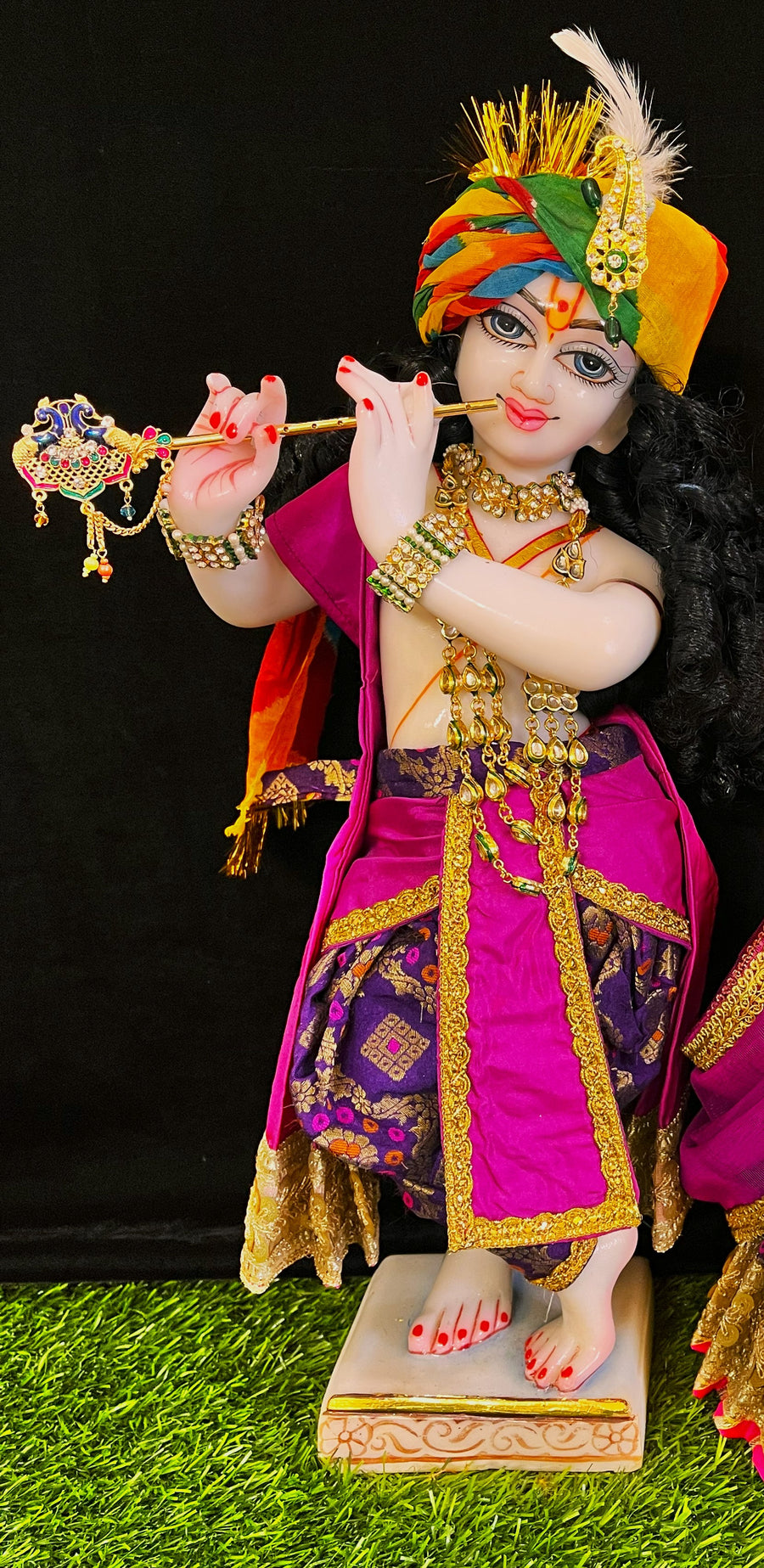 Deity dhoti and patka shalya / Uparna vastra made of Multicoloured Chanderi Silk fabric (Not Pure Silk) - Purple Dhoti with pink contrast and pink plain silk Shallya