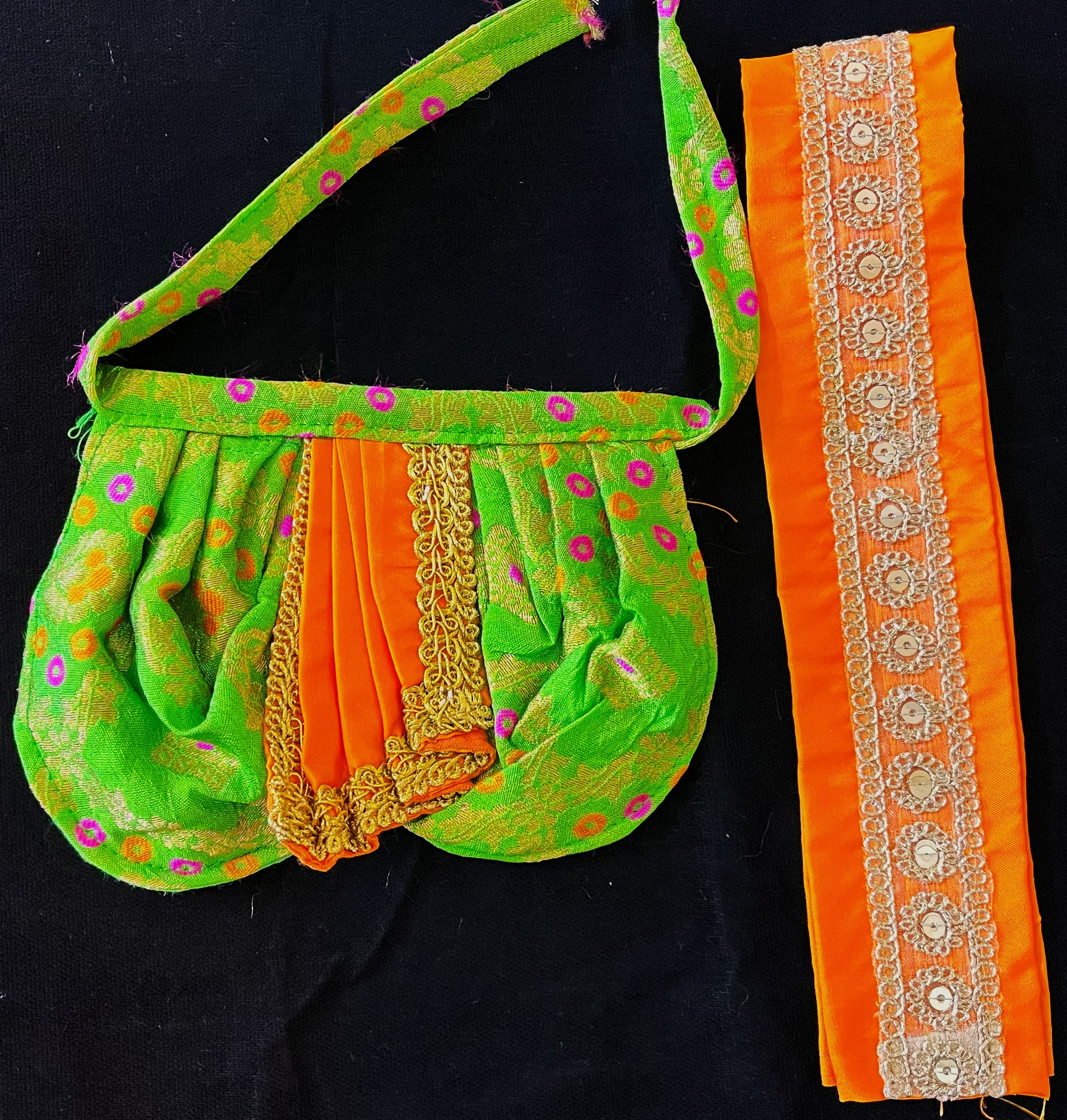Deity dhoti and patka shalya / Uparna vastra made of Multicoloured Chanderi Silk fabric (Not Pure Silk) - Parrot green Dhoti with orange contrast and orange plain silk Shallya 2