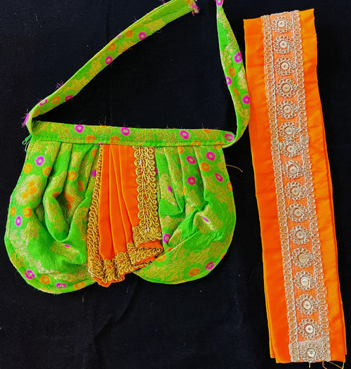 Deity dhoti and patka shalya / Uparna vastra made of Multicoloured Chanderi Silk fabric (Not Pure Silk) - Parrot green Dhoti with orange contrast and orange plain silk Shallya