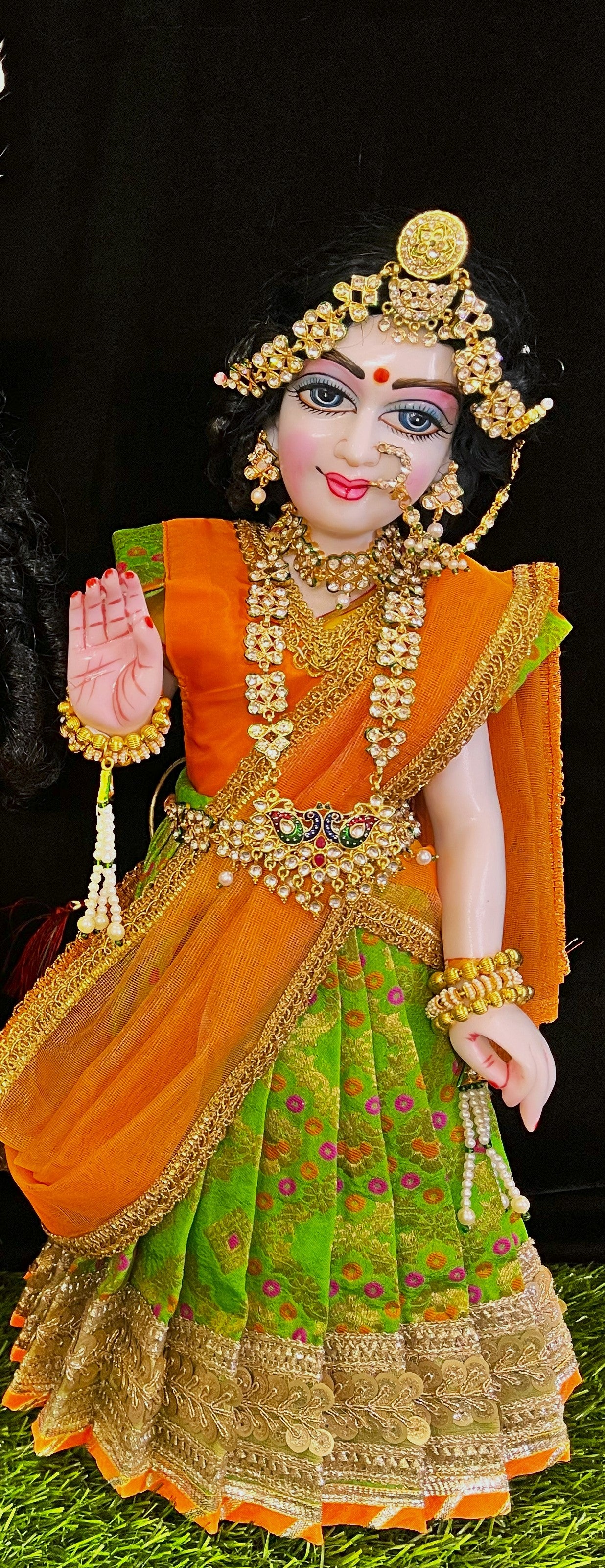 Deity half saree / lehenga patka made of Multicoloured Chanderi Silk fabric (Not Pure Silk) - Parrot green Lehenga with orange contrast and orange tissue silk dupatta 1