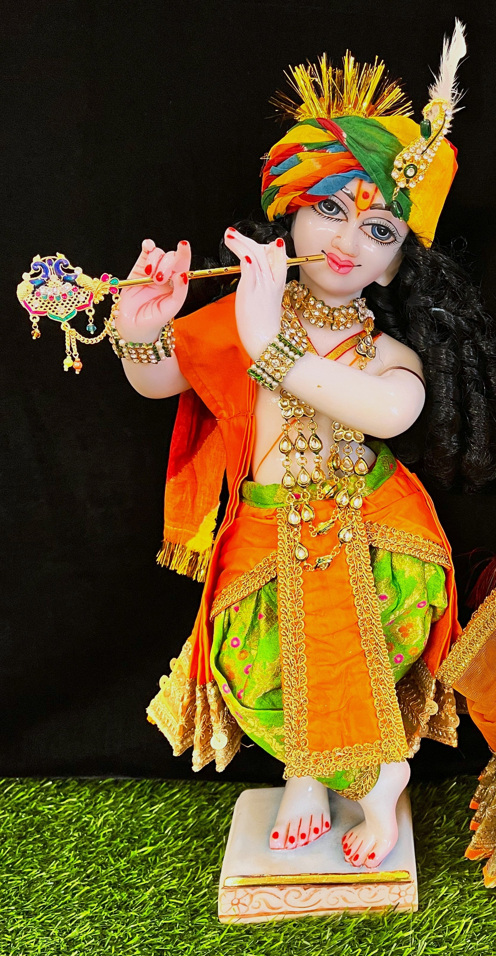 Deity dhoti and patka shalya / Uparna vastra made of Multicoloured Chanderi Silk fabric (Not Pure Silk) - Parrot green Dhoti with orange contrast and orange plain silk Shallya 1