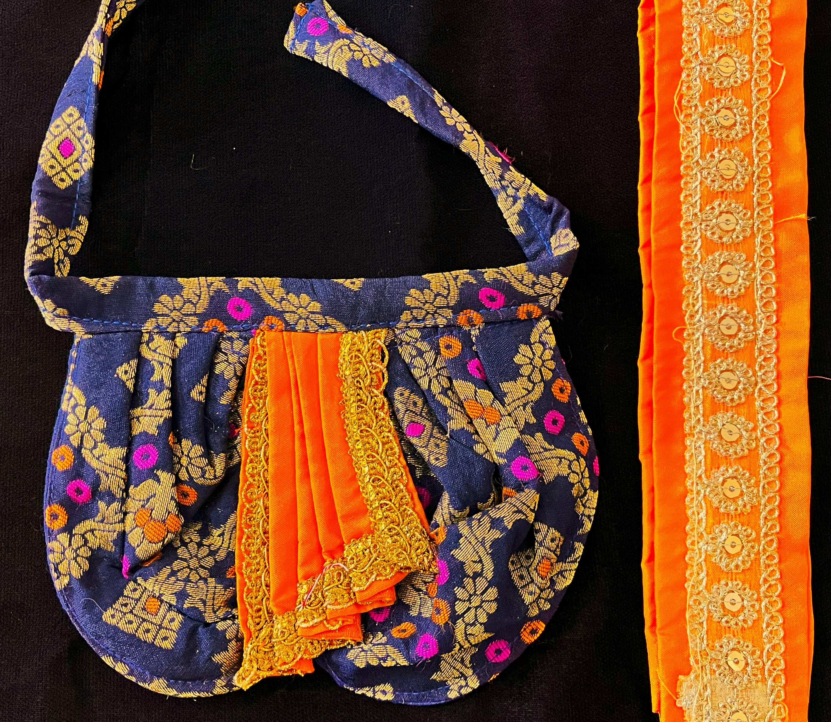 Deity dhoti and patka shalya / Uparna vastra made of Multicoloured Chanderi Silk fabric (Not Pure Silk) - Navy Blue Dhoti with orange contrast and orange plain silk Shallya 2