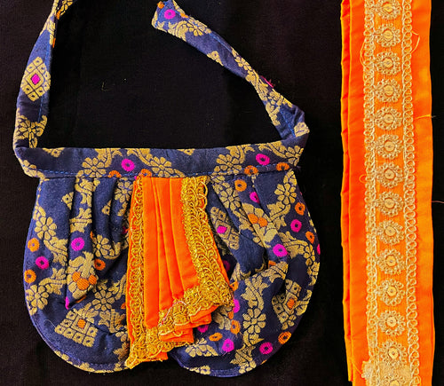 Deity dhoti and patka shalya / Uparna vastra made of Multicoloured Chanderi Silk fabric (Not Pure Silk) - Navy Blue Dhoti with orange contrast and orange plain silk Shallya
