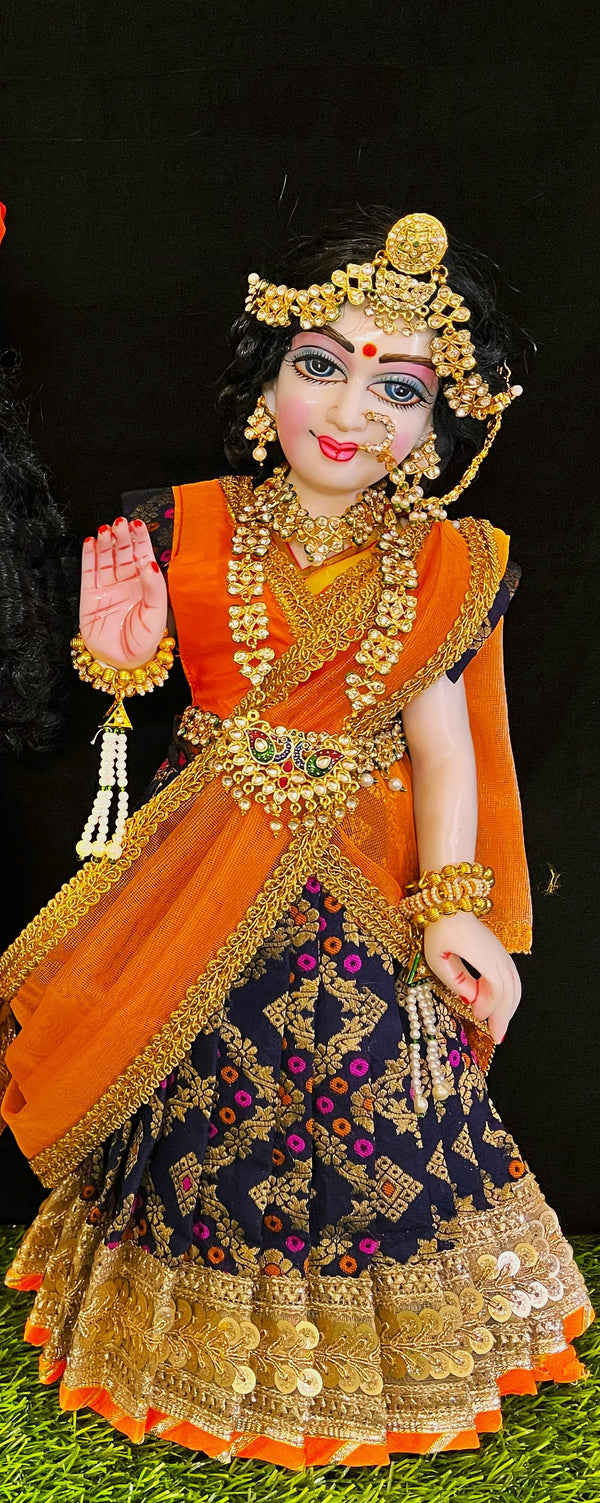 Deity half saree / lehenga patka made of Multicoloured Chanderi Silk fabric (Not Pure Silk) - Navy Blue Lehenga with orange contrast and orange tissue silk dupatta