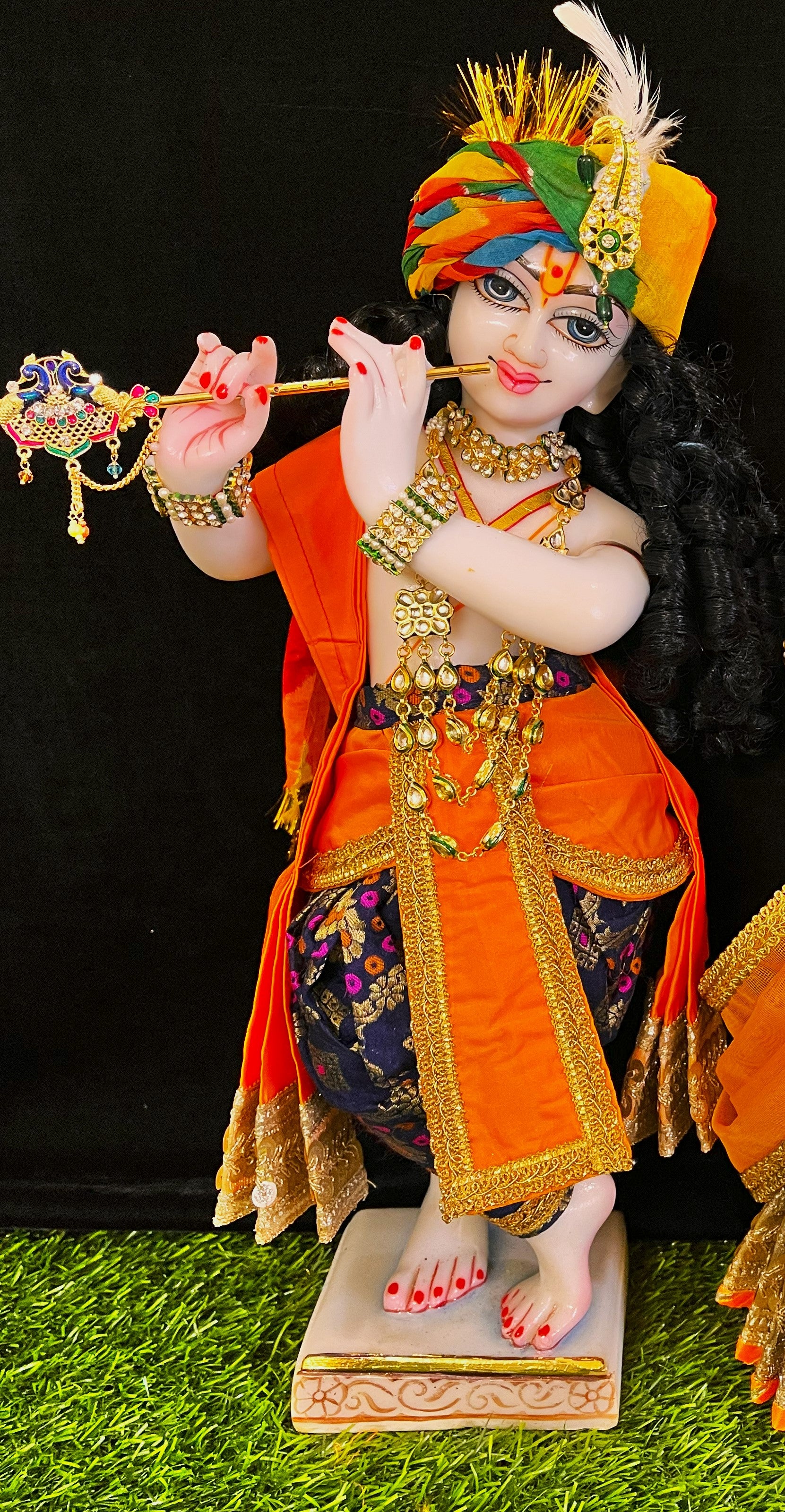 Deity dhoti and patka shalya / Uparna vastra made of Multicoloured Chanderi Silk fabric (Not Pure Silk) - Navy Blue Dhoti with orange contrast and orange plain silk Shallya 1
