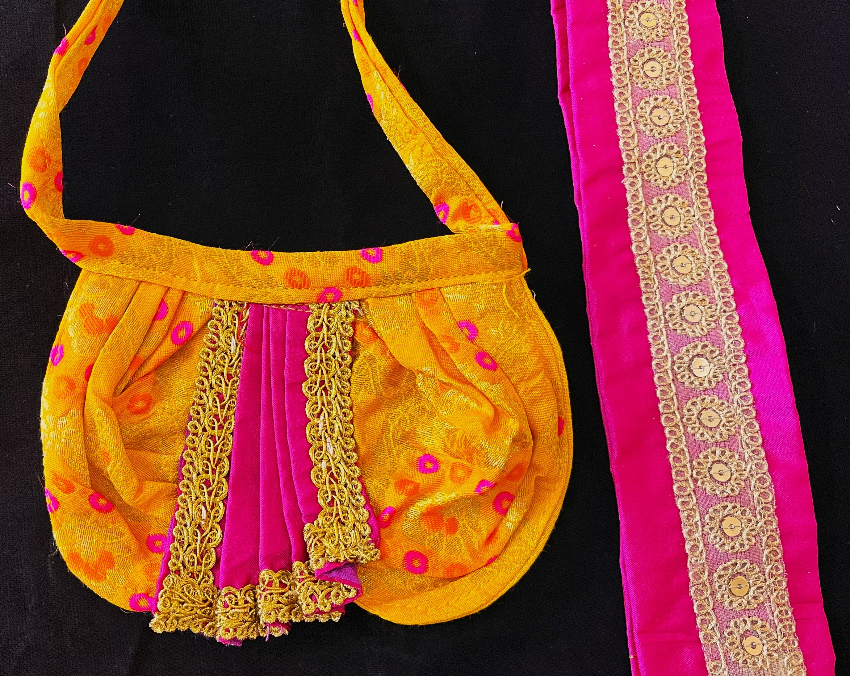 Deity dhoti and patka shalya / Uparna vastra made of Multicoloured Chanderi Silk fabric (Not Pure Silk) - Yellow Dhoti with pink contrast and pink plain silk Shallya 2