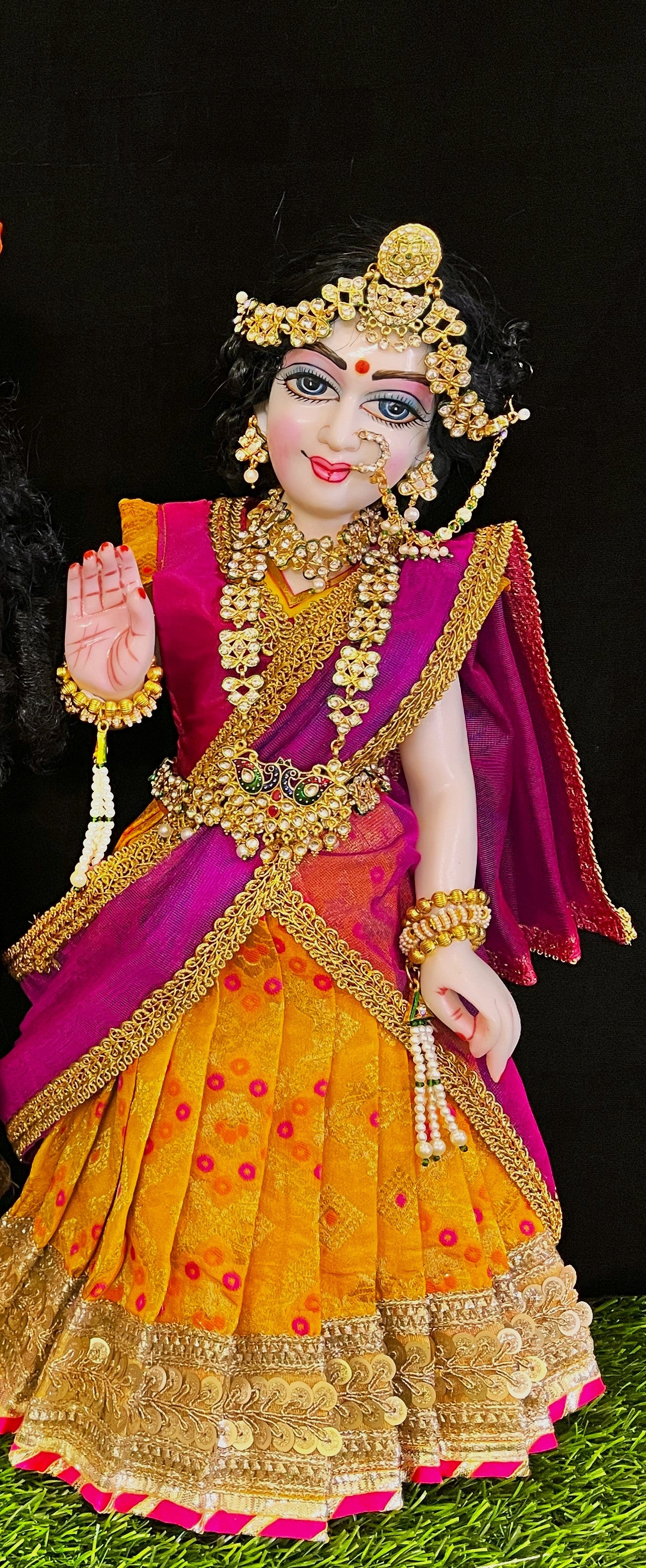 Deity half saree / lehenga patka made of Multicoloured Chanderi Silk fabric (Not Pure Silk) - Yellow Lehenga with pink contrast and pink tissue silk dupatta 1