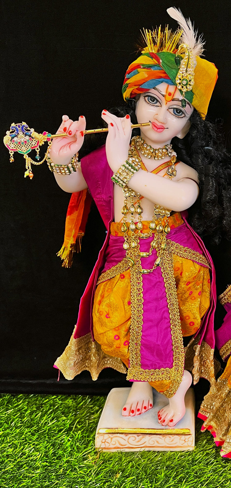 Deity dhoti and patka shalya / Uparna vastra made of Multicoloured Chanderi Silk fabric (Not Pure Silk) - Yellow Dhoti with pink contrast and pink plain silk Shallya