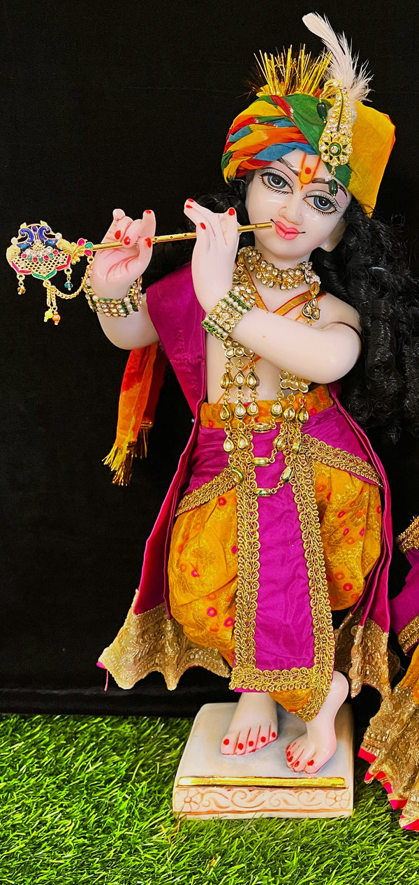 Deity dhoti and patka shalya / Uparna vastra made of Multicoloured Chanderi Silk fabric (Not Pure Silk) - Yellow Dhoti with pink contrast and pink plain silk Shallya